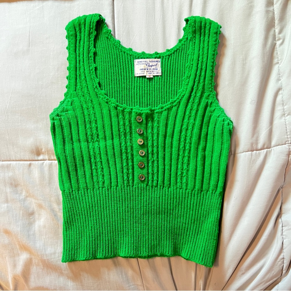 Vintage Imported Andrew St. John Virgin Acrylic Green Ribbed Hand Knit Tank Top